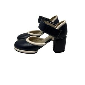 John Fluevog Swingers Navy / Ivory Leather Block Heel Mary Janes sz 7 RARE HTF